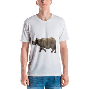 Indian Rhinoceros Print Men's V neck T-shirt