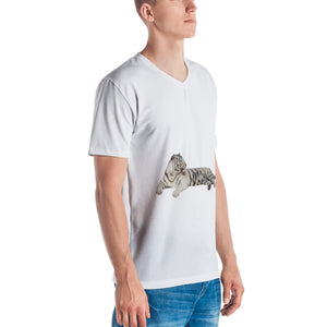 White Tiger Print Men's V neck T-shirt